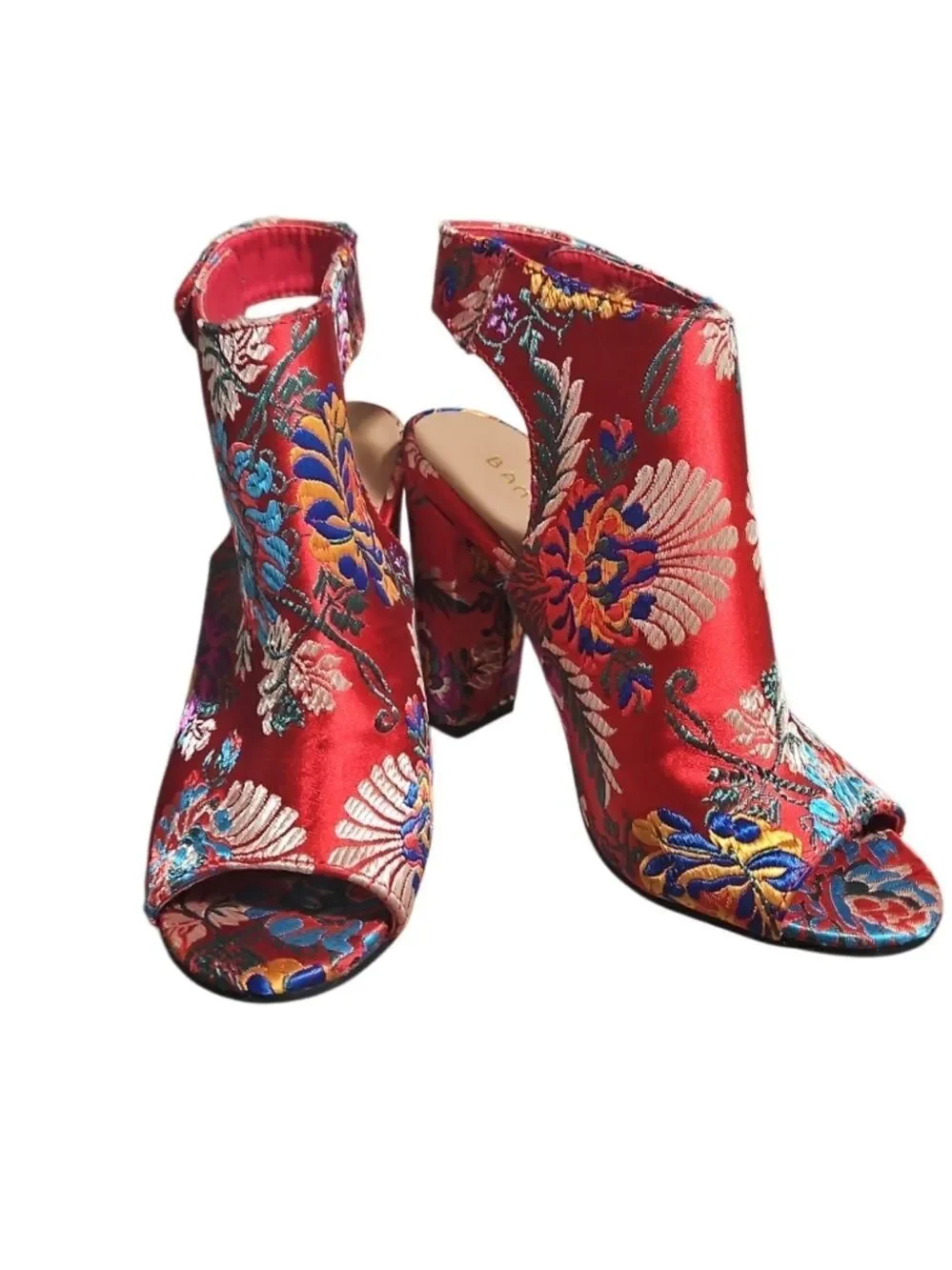Bamboo Red Floral High Heels with Ankle Strap 5.5 Embroidered Colorful Handmade